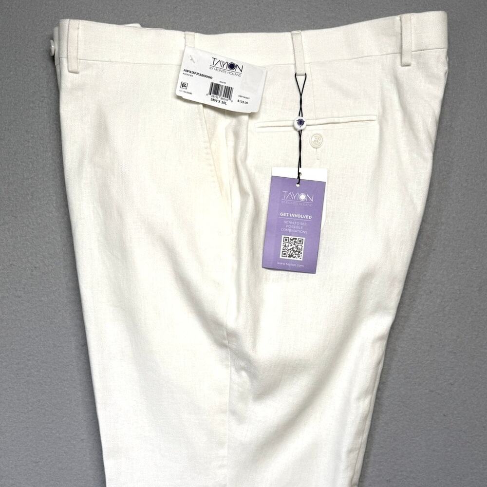 Tayion Men's Classic-Fit Linen Suit Pants White Herringbone 38x30 $135
